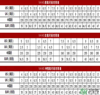 vans鞋碼偏大還是偏?。縱ans鞋碼對照表
