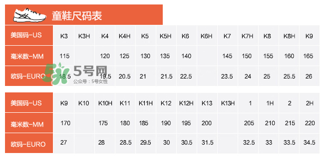 Asics童鞋尺碼對(duì)照表 Asics童鞋尺碼怎么選？